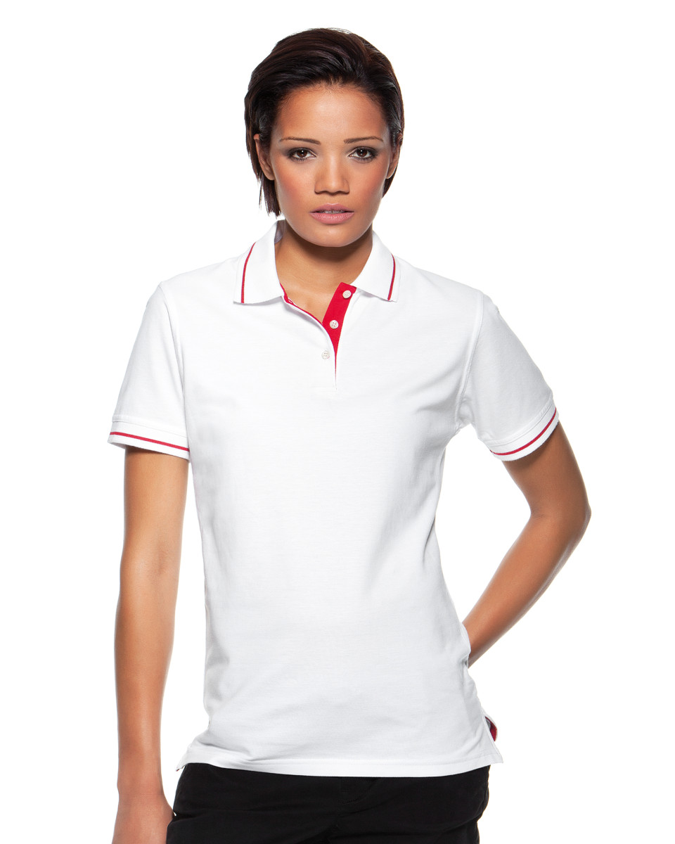 Kustom Kit Ladies St White/Red 12 Mellion Short Sleeve Polo Shirt
